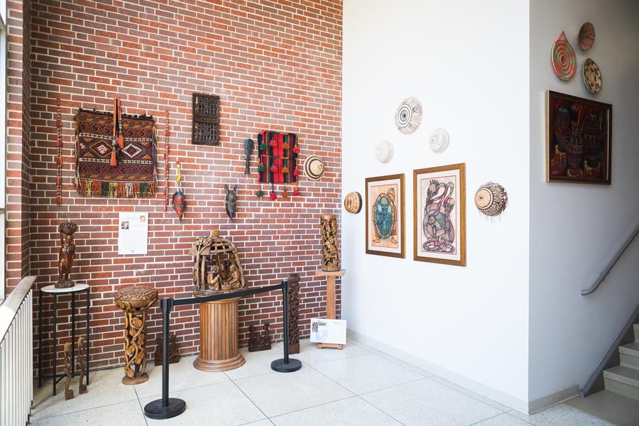 Image of the Hahn art collection on a landing between the Communication Building's first and second floors.