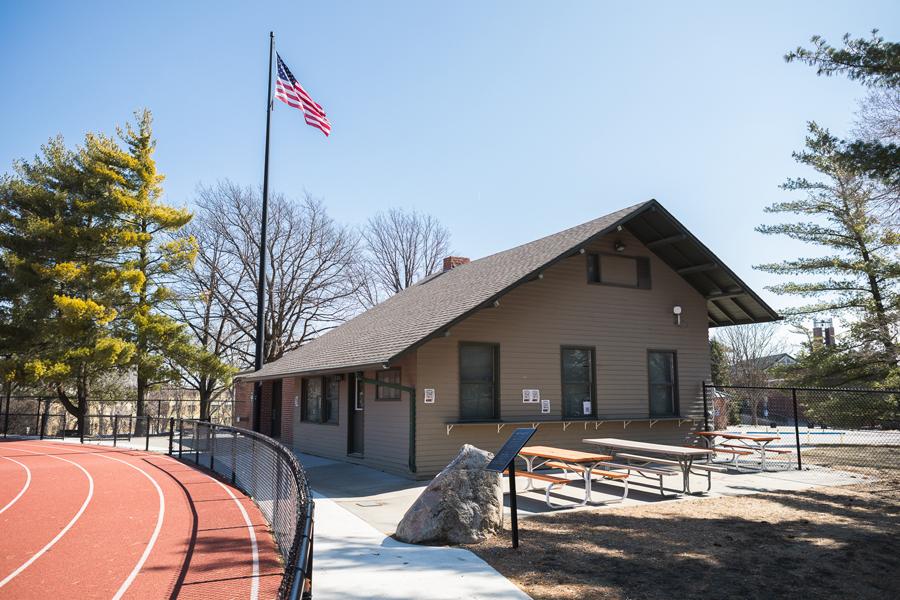 Image of Fiske Lodge, currently the ticket booth and concession stand at Doane's Memorial Stadium.